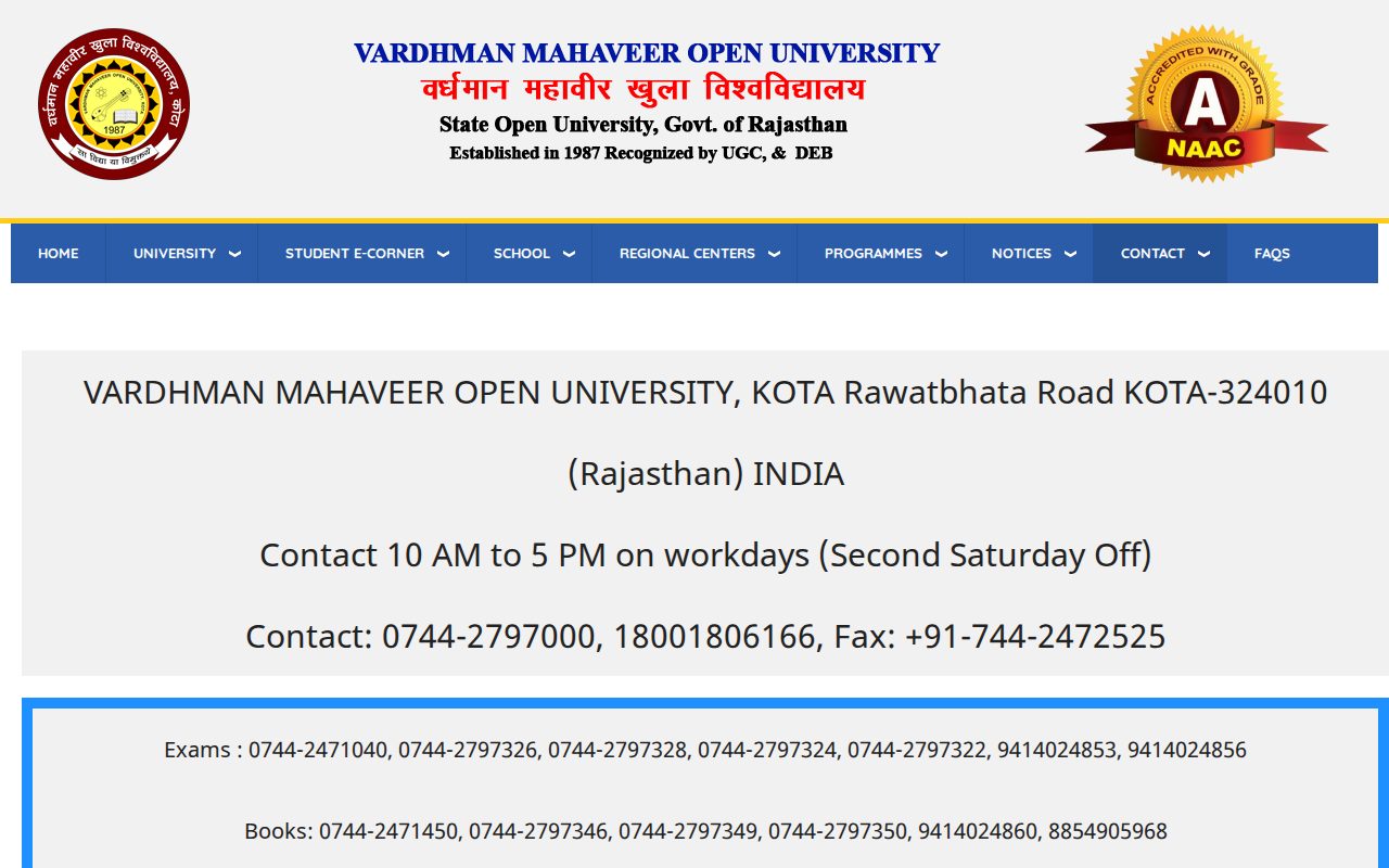 Official VMOU page on vmou.ac.in: contact VMOU helpdesk for administrative queries