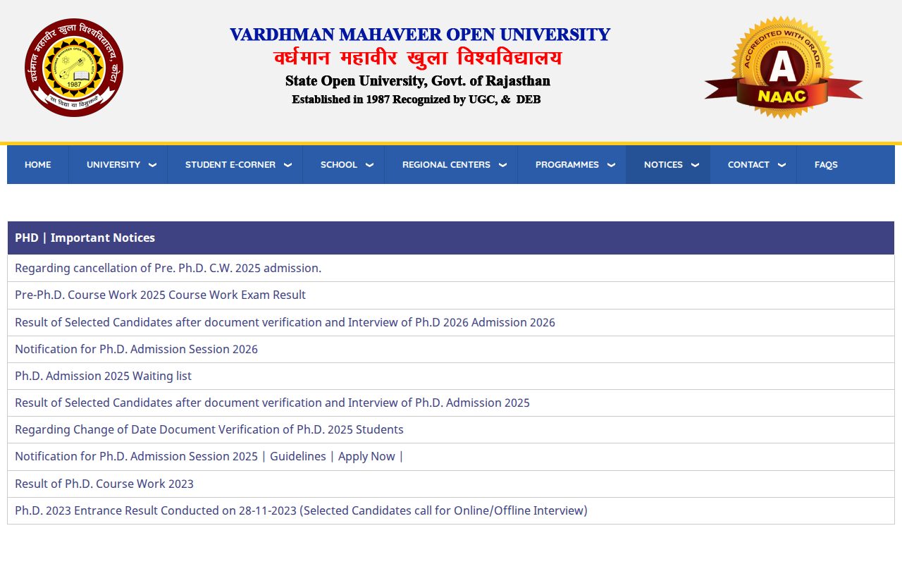 Official VMOU page on vmou.ac.in: view PhD admission updates
