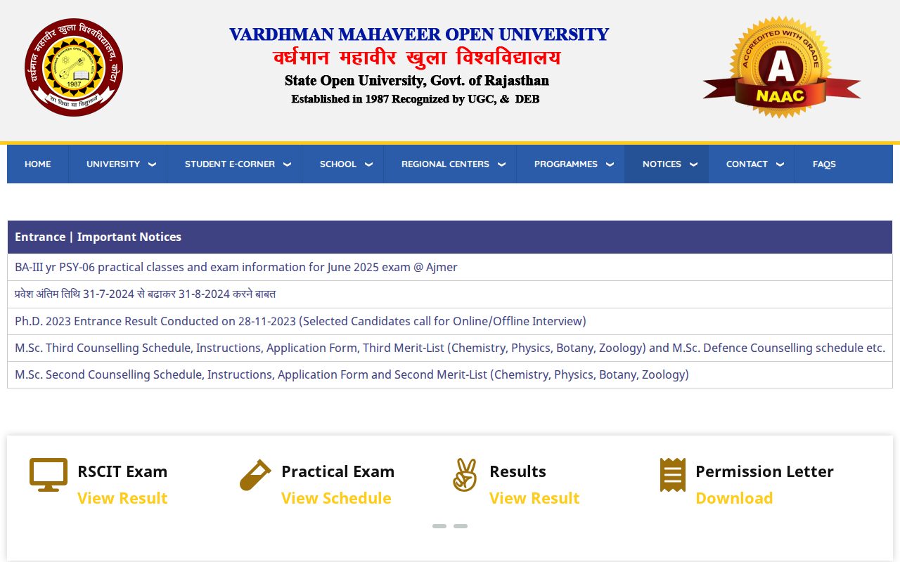 Official VMOU page on vmou.ac.in: check general entrance test notices