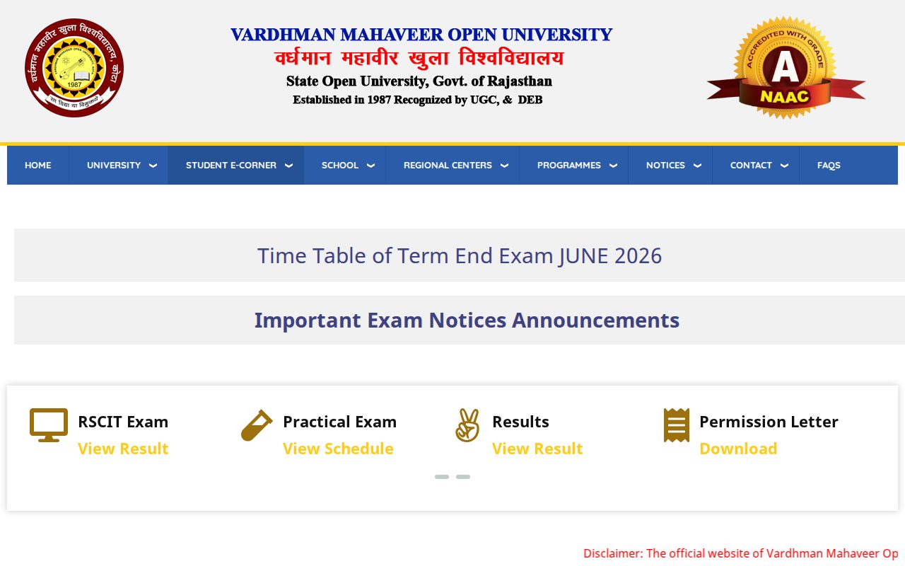 Official VMOU page on vmou.ac.in: access VMOU exam time table portal